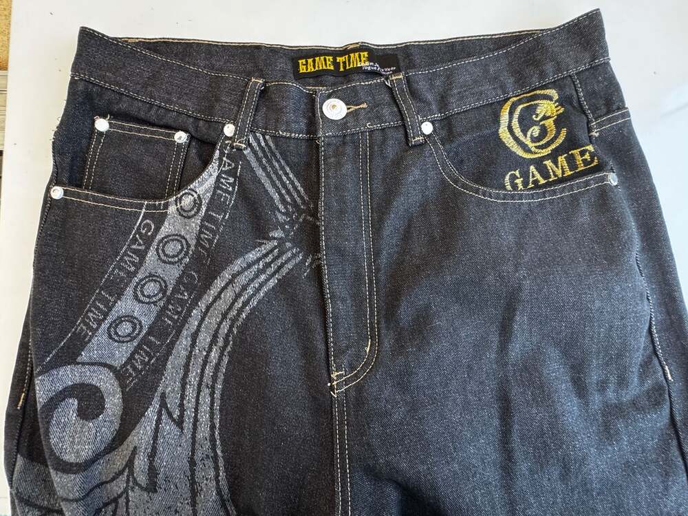 Game Time Vintage Y2K Hip Hop Baggy Embroidered Black Denim Jeans - Picture 4 of 9